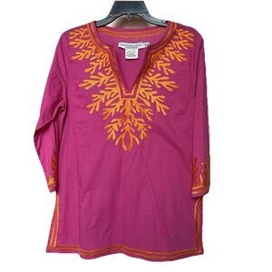 Gretchen Scott Tunic Top Women's M Pink Orange Embroidery 3/4 Sleeve 100% cotton